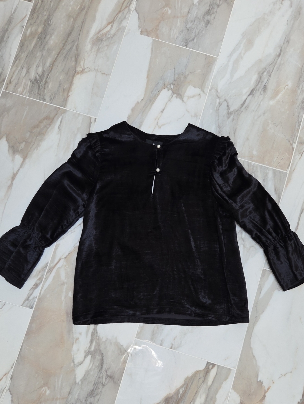 Black Velvet Long-Sleeve Blouse with Pearl Button Detail